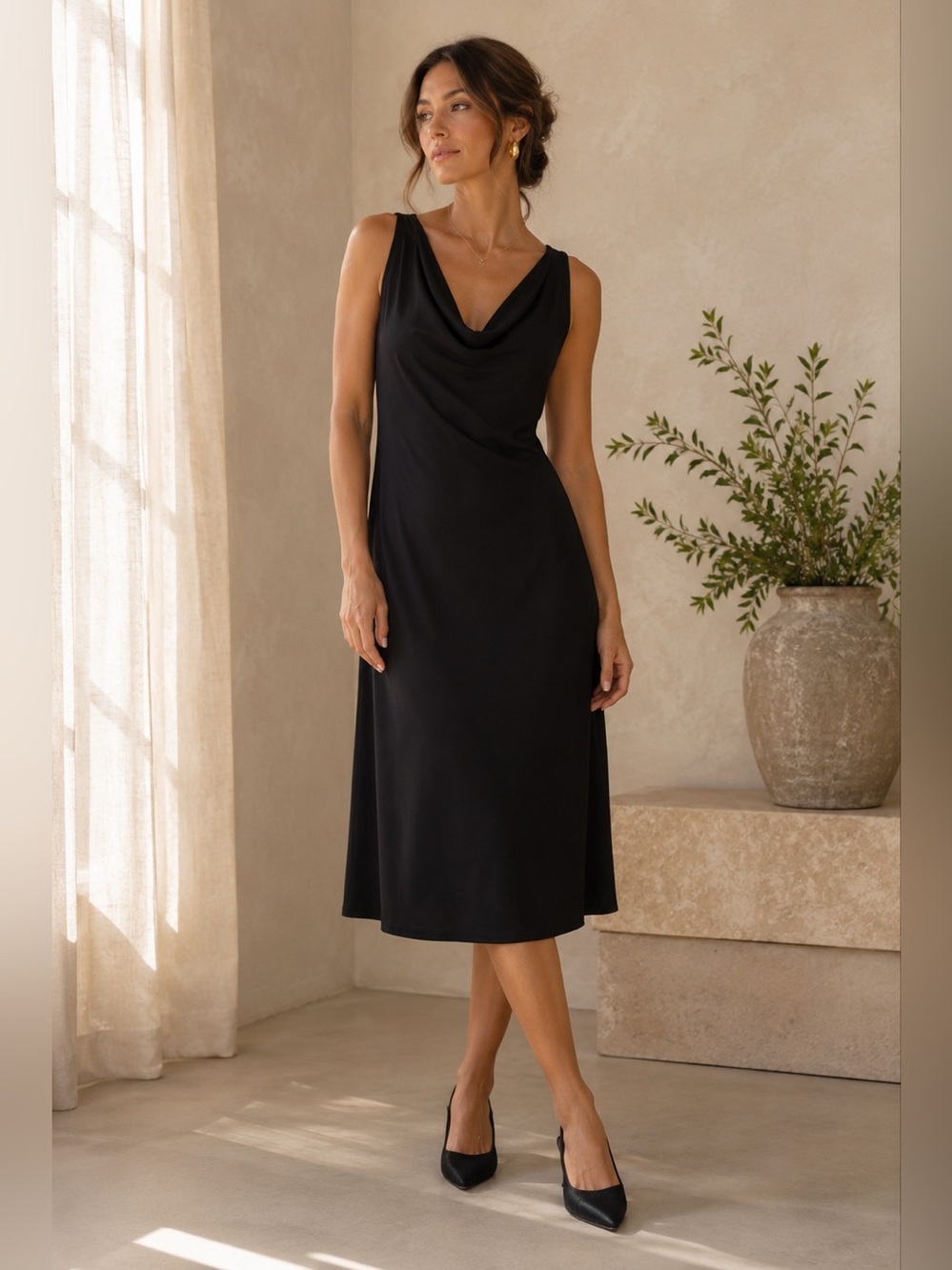 Eileen Fisher Petite Medium Black Sleeveless Midi Dress Minimalist Drape Neck